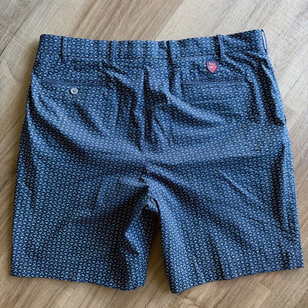 Polo Golf Ralph Lauren Mens 38 Navy Blue Golf Club Lime Print Stretch Shorts